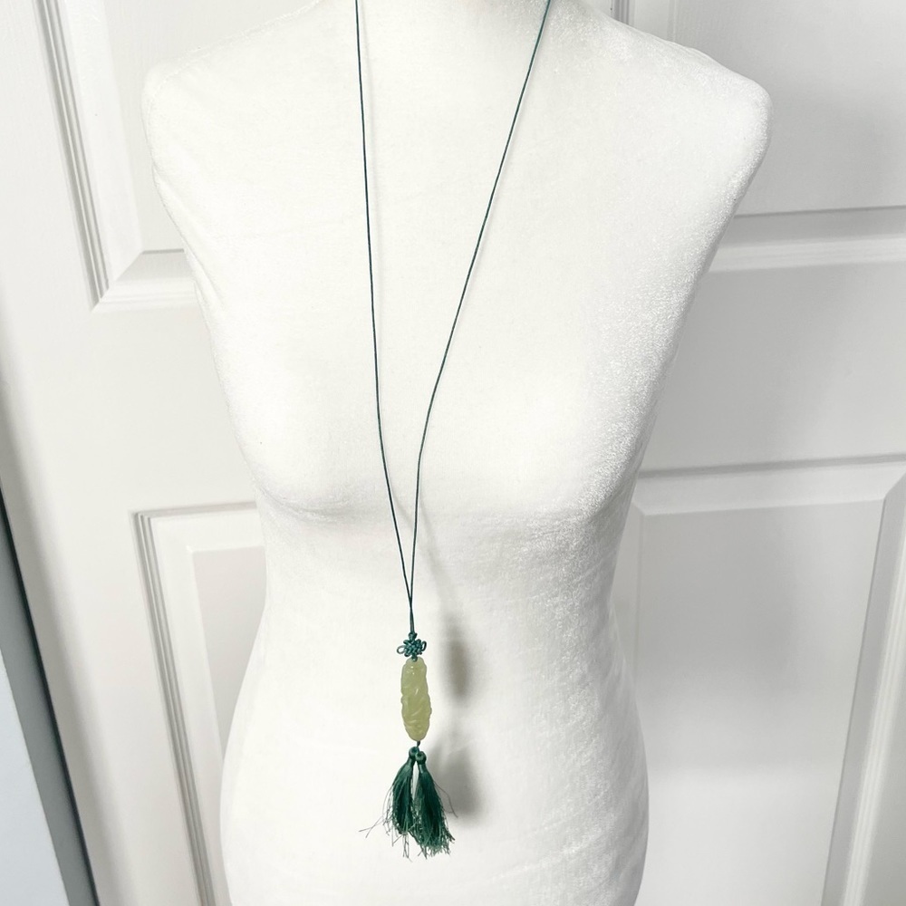 Jade or Jadeite carved pendant tassel long fringe necklace